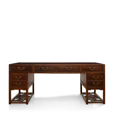 View full screen - View 1 of Lot 2021. A large hardwood office desk 硬木帶屜書桌.