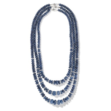 View full screen - View 1 of Lot 400. Trois colliers saphir et diamants | Three sapphire and diamond necklaces.