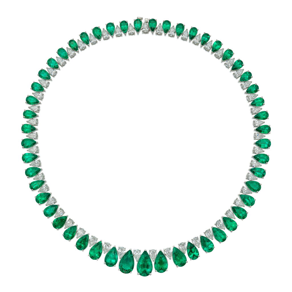 View full screen - View 1 of Lot 729. Emerald and diamond necklace.