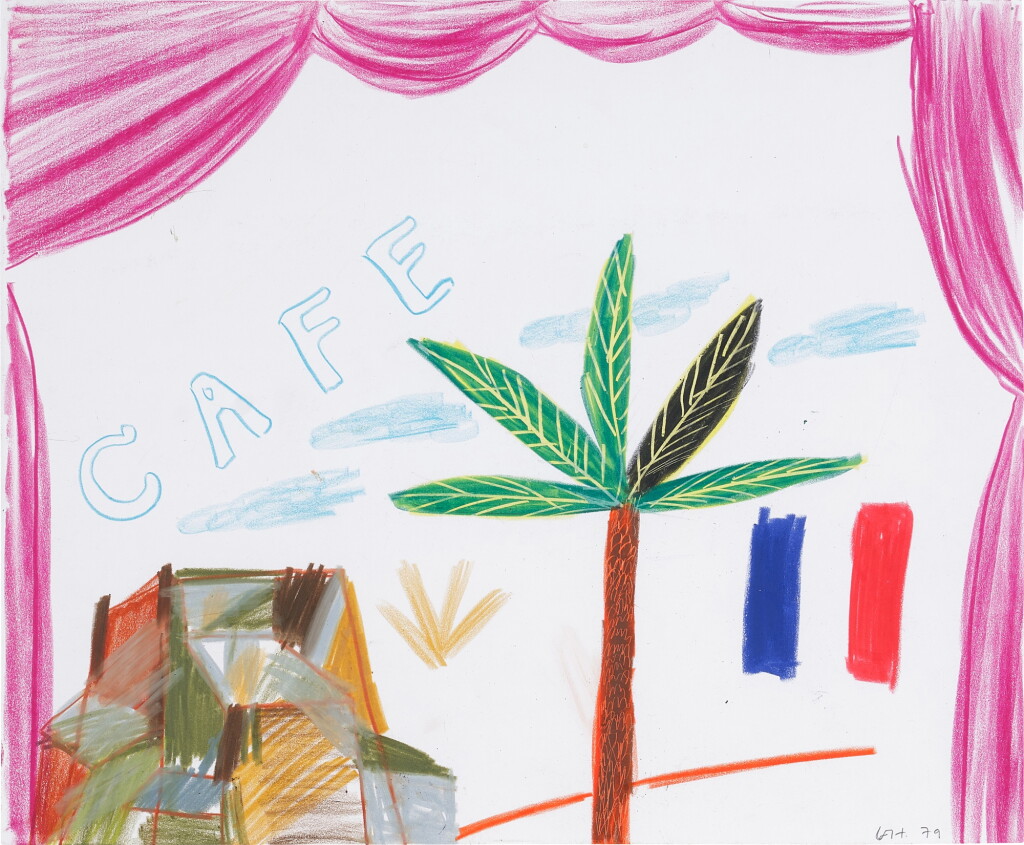 View full screen - View 1 of Lot 227. Café with Palm Tree and Clouds Surrounded by a Curtain.