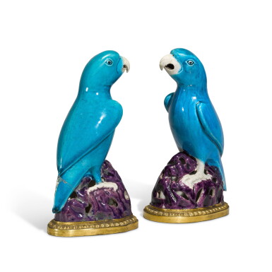 View full screen - View 1 of Lot 69. A pair of Louis XV gilt-bronze mounted Chinese porcelain model of parrots, the porcelain Kangxi (1662-1722), the mounts mid-18th century.