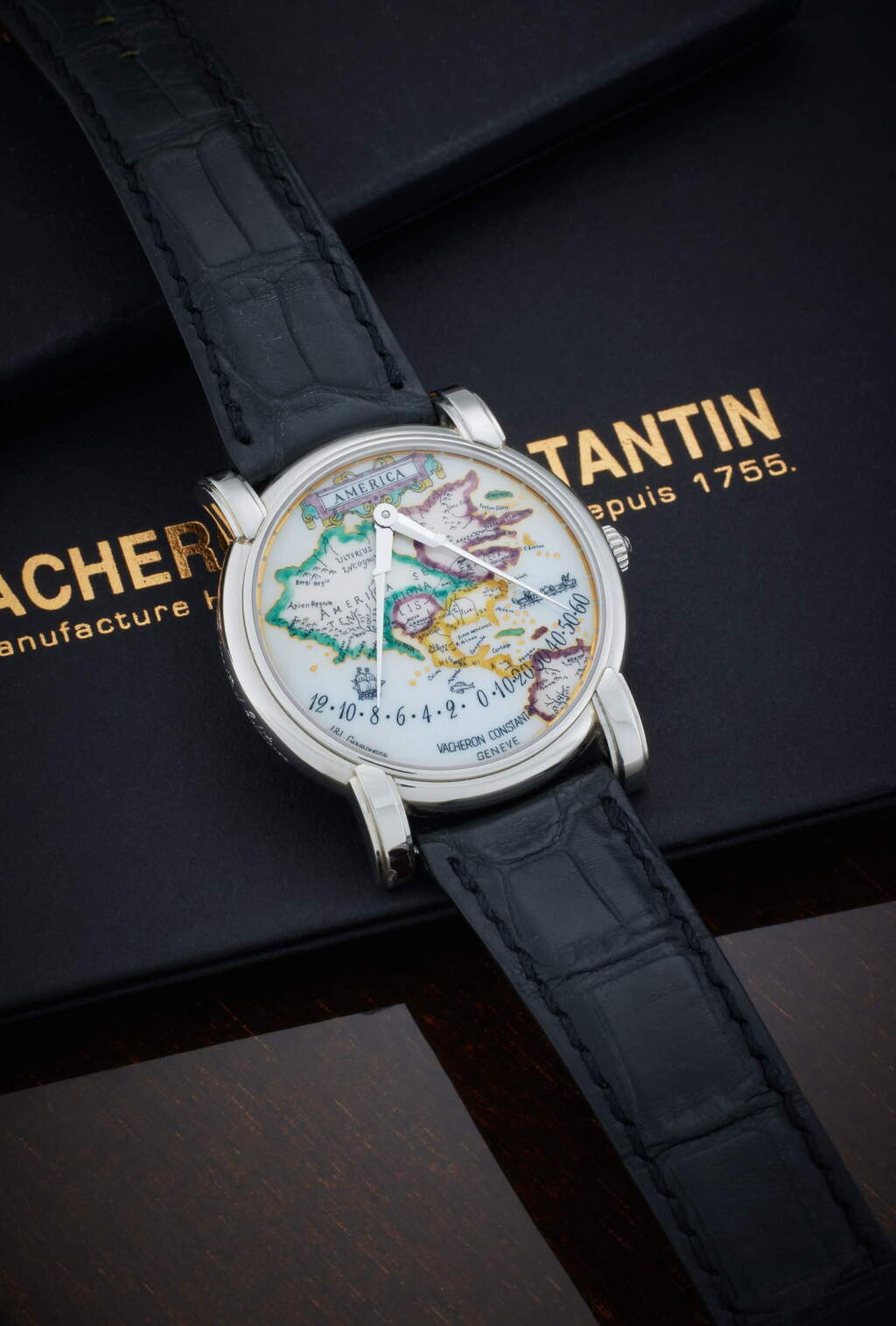 View full screen - View 1 of Lot 74. Reference 43050/000P-9071 Mercator ‘America’ | A rare limited edition platinum automatic double retrograde wristwatch with polychrome grand feu cloisonné enamel dial depicting North America according to the Atlas of Mercator, Circa 2003.