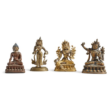 View full screen - View 1 of Lot 111. A group of four bronze Buddhist figures, Qing dynasty, 18th / early 19th century.