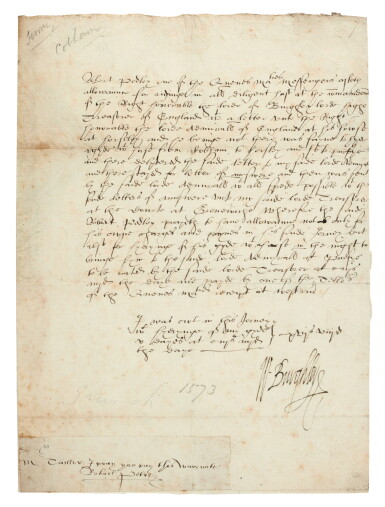 View full screen - View 1 of Lot 128. William Cecil, Lord Burghley | Letter signed, confirming a fee to paid to a Queen's Messenger, 1573.