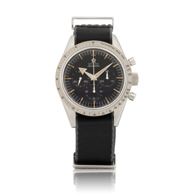 View full screen - View 1 of Lot 35. 'Broad Arrow' Speedmaster, Ref. 2915-1, Stainless steel chronograph wristwatch Made in 1957 | 歐米茄 | 2915-1型號「'Broad Arrow' Speedmaster」精鋼計時腕錶,1957年製.