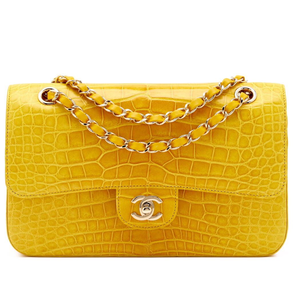 View full screen - View 1 of Lot 42. Saffron Yellow Shiny Alligator Old Medium Classic Double Flap Gold Hardware, 2013.