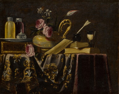 View full screen - View 1 of Lot 197. Still Life with a vase of roses, an hourglass, and an assortment of books.