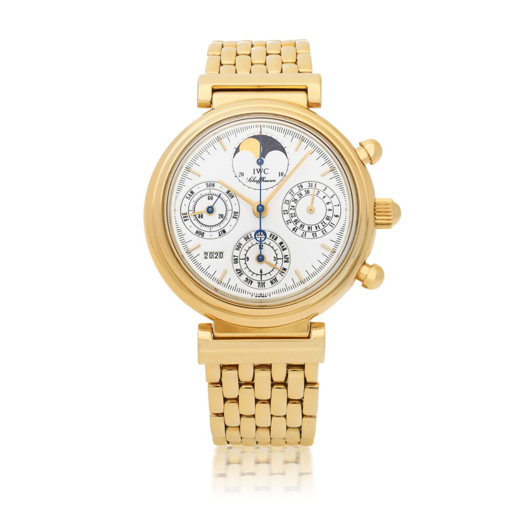 View full screen - View 1 of Lot 11. IWC | DA VINCI, REF 3750 YELLOW GOLD PERPETUAL CALENDAR CHRONOGRAPH WRISTWATCH WITH MOON-PHASES CIRCA 1998.