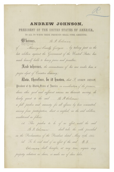 View full screen - View 1 of Lot 149. JOHNSON, ANDREW | Partially printed document, being a full pardon for B.F. Coleman, issued by Andrew Johnson, as 17th President.
