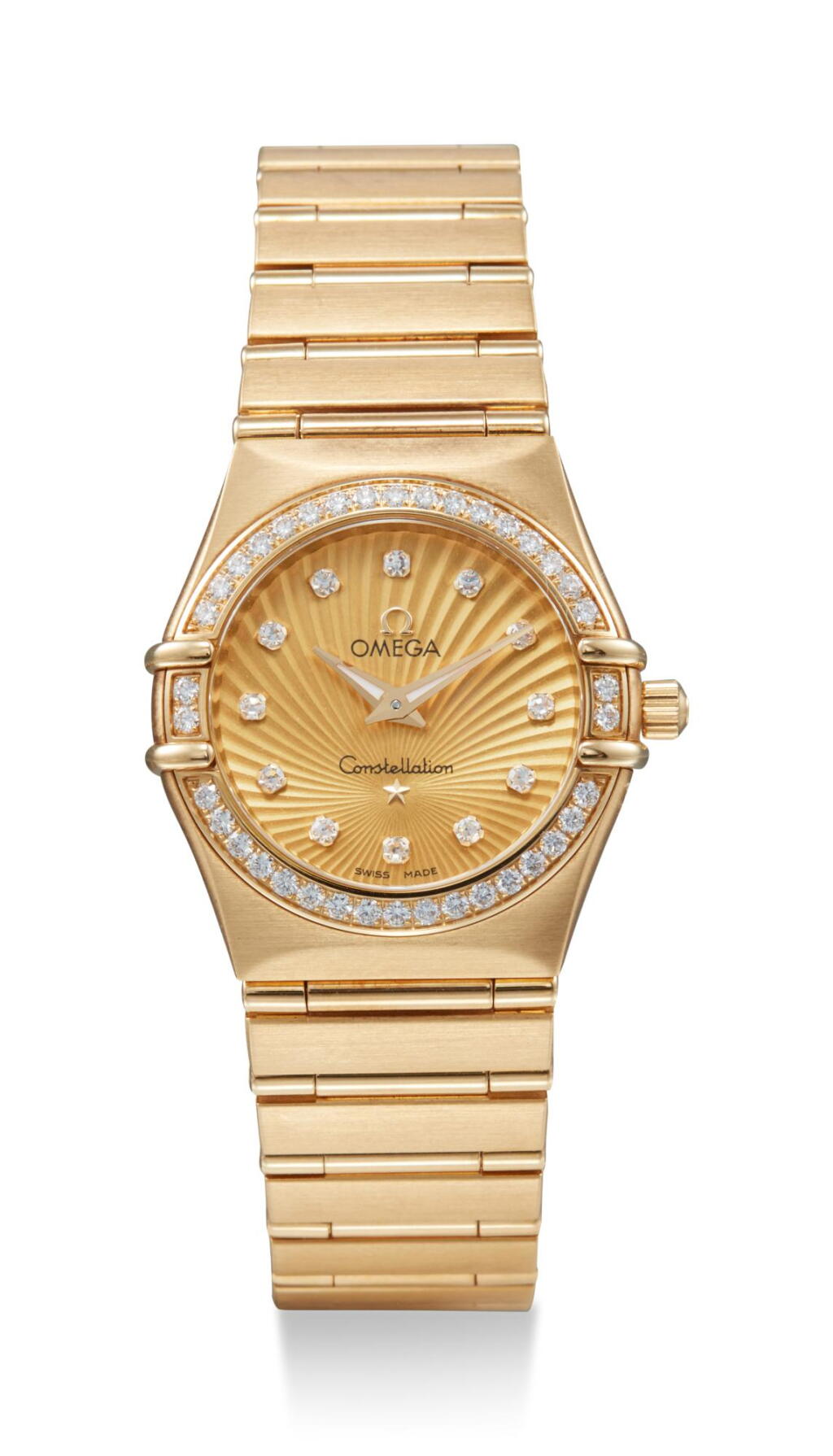 View full screen - View 1 of Lot 8008. OMEGA | CONSTELLATION 160 YEARS ANNIVERSARY, REFERENCE 111.55.26.60.58.001, A YELLOW GOLD AND DIAMOND-SET BRACELET WATCH, CIRCA 2012.