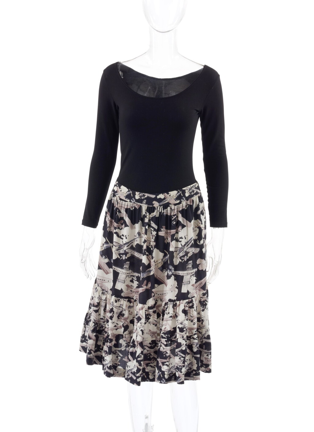 View full screen - View 1 of Lot 24. CHANEL | BLACK, WHITE AND GREY AIRPLANE PRINT SILK SKIRT .