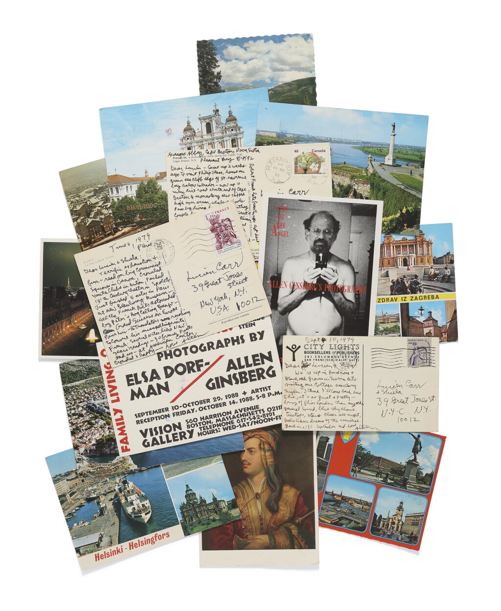 View full screen - View 1 of Lot 119. (CARR, LUCIEN) | Ginsberg, Allen. An extraordinary archive of letters, postcards, and miscellaneous presentation items from Ginsberg to Carr — with letters and cards from William S. Burroughs, Neal Cassady, and others. 1958, 1977–1996.