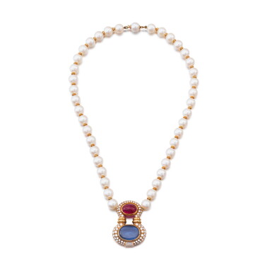 View full screen - View 1 of Lot 196. Collier perles de culture, pierres de couleur et diamant | Cultured pearl, gem-set and diamond necklace.