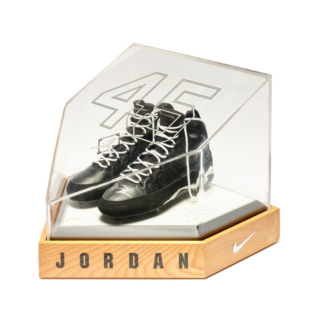 View full screen - View 1 of Lot 15. Michael Jordan Signed Air Jordan 9 ‘Player Sample’ Baseball Cleats | Size 13.5 .