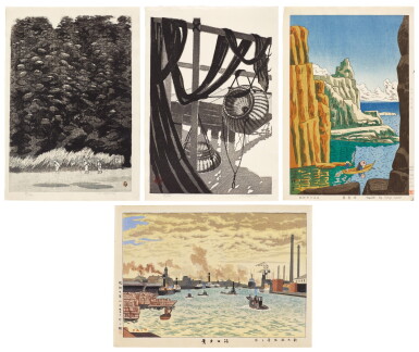 View full screen - View 1 of Lot 182. Masaharu Aoyama (1893-1969) Asano Takeji (1900-1998) Four woodblock prints, Showa period, 20th century.