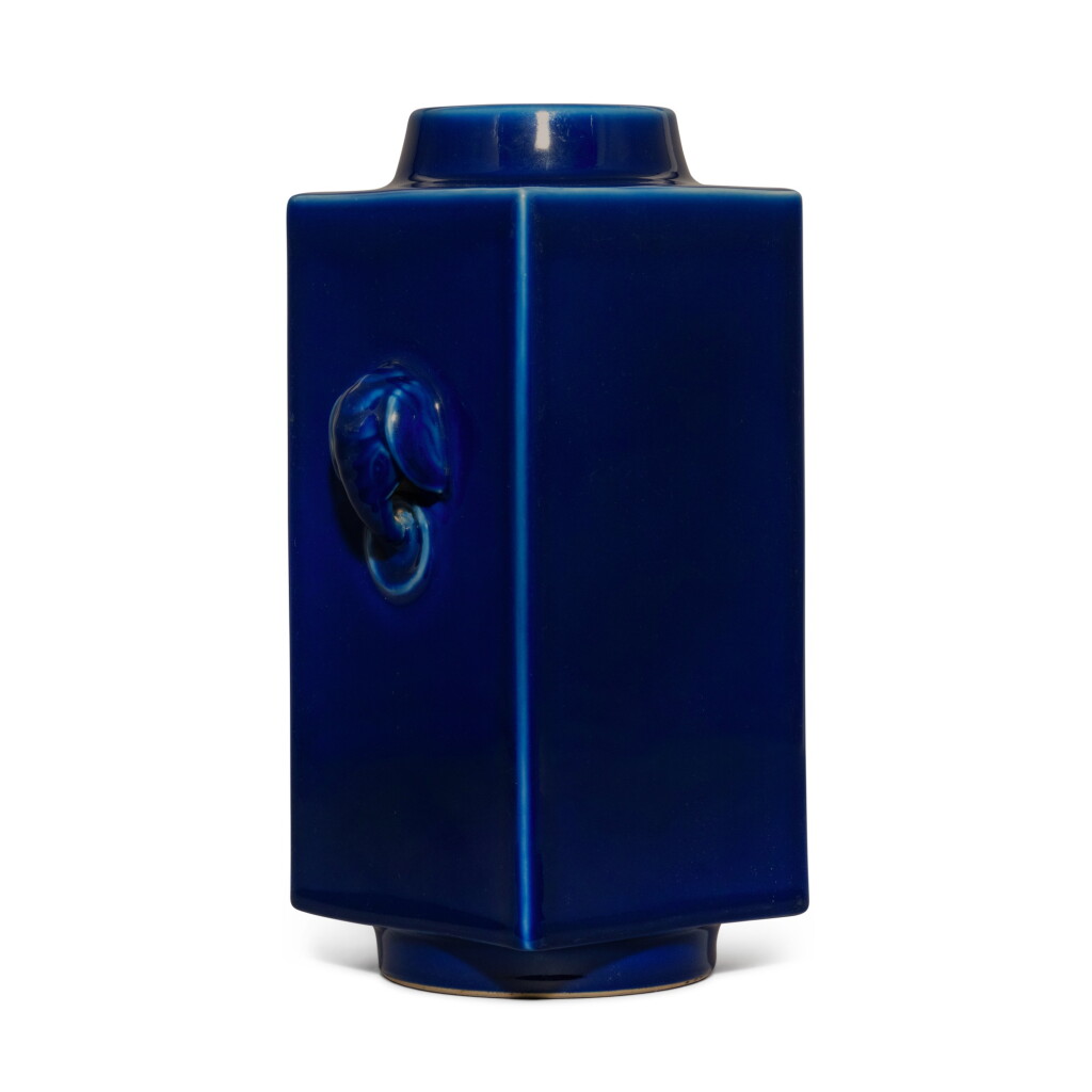 View full screen - View 1 of Lot 416. A blue-glazed cong-form vase, Mark and period of Guangxu | 清光緒 藍釉象耳銜環琮式瓶 《大清光緒年製》款.