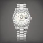 Day-Date, Reference 18346 | A platinum and diamond-set wristwatch with day, date and bracelet, Circa 1995 | 勞力士 | Day-Date 型號18346 | 鉑金鑲鑽石鏈帶腕錶,備日期及星期顯示,約1995年製