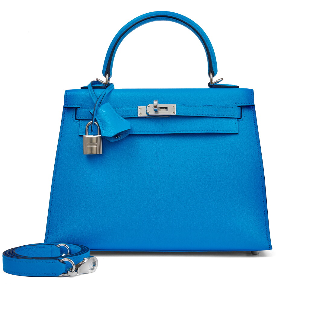 View full screen - View 1 of Lot 46. Bleu Frida Chèvre Chamkila Kelly 25 Sellier Palladium Hardware, 2024.
