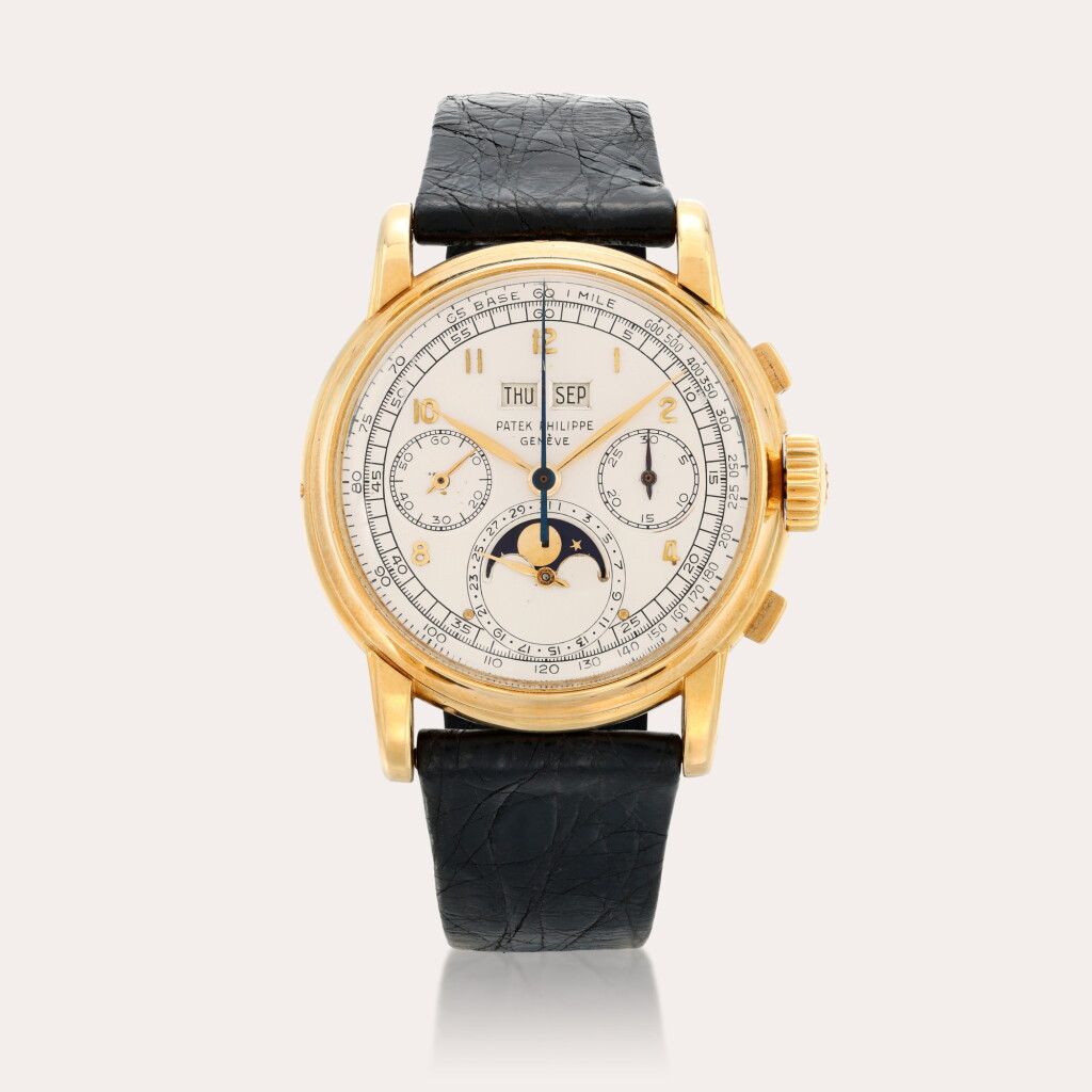 View full screen - View 1 of Lot 160. 'First Series', Reference 2499 | A yellow gold perpetual calendar chronograph wristwatch with moon phases and case by Wenger | Circa 1952.