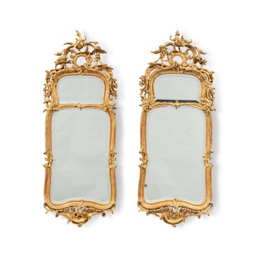 View full screen - View 1 of Lot 120. A pair of Louis XV giltwood mirrors, circa 1750 | Paire de miroirs en bois doré d'époque Louis XV, vers 1750.