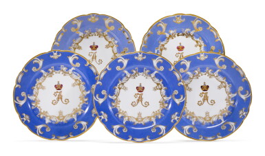 View full screen - View 1 of Lot 255. FIVE PORCELAIN DINNER PLATES FROM THE FARM PALACE BANQUET SERVICE, IMPERIAL PORCELAIN FACTORY, ST PETERSBURG, PERIOD OF ALEXANDER III, 1890.