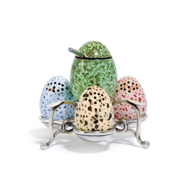 View full screen - View 1 of Lot 3. A Victorian novelty parcel-gilt silver and polychrome enamel condiment set, E. H. Stockwell, London, 1880.