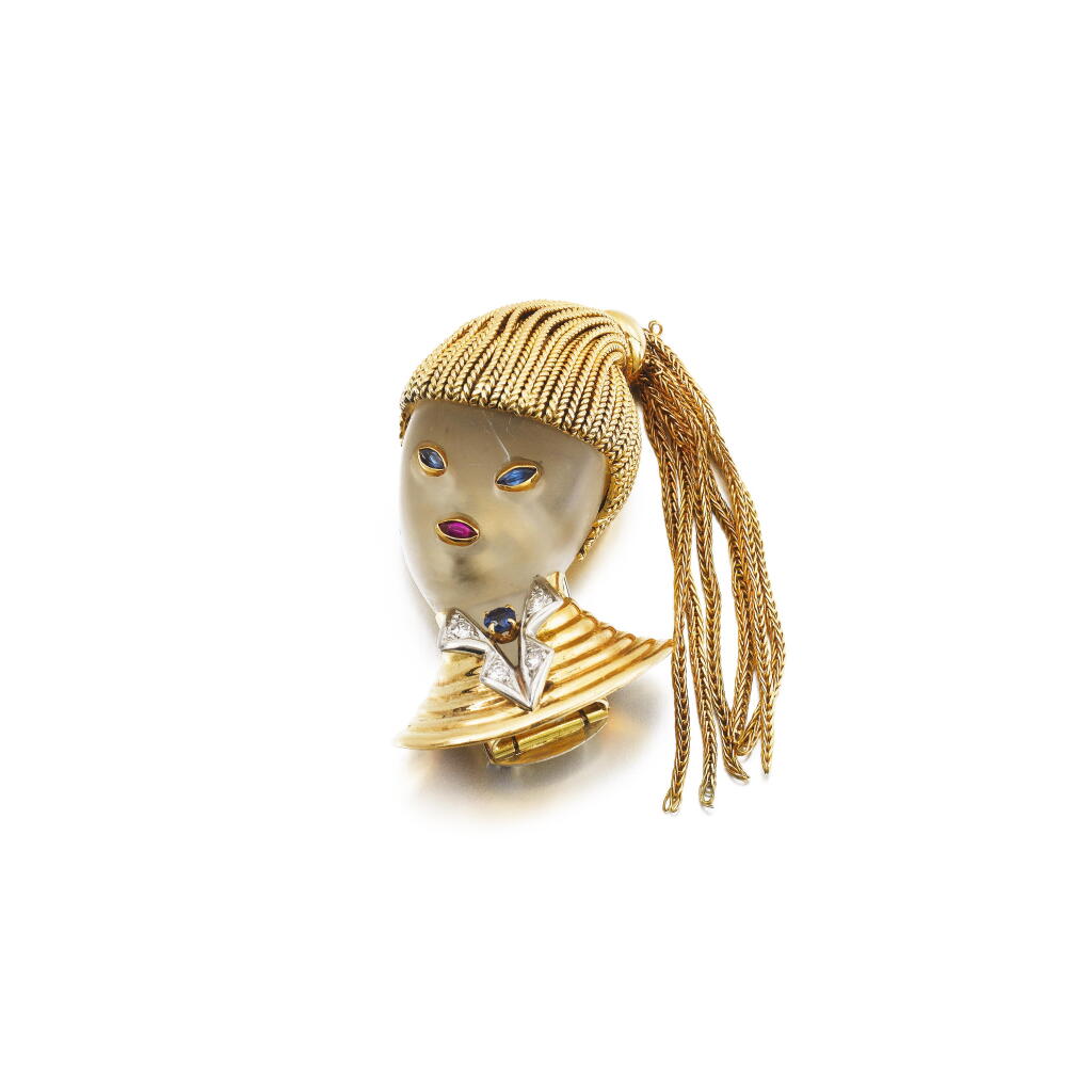 View full screen - View 1 of Lot 105. Gold, rock crystal, ruby, sapphire and diamond brooch.