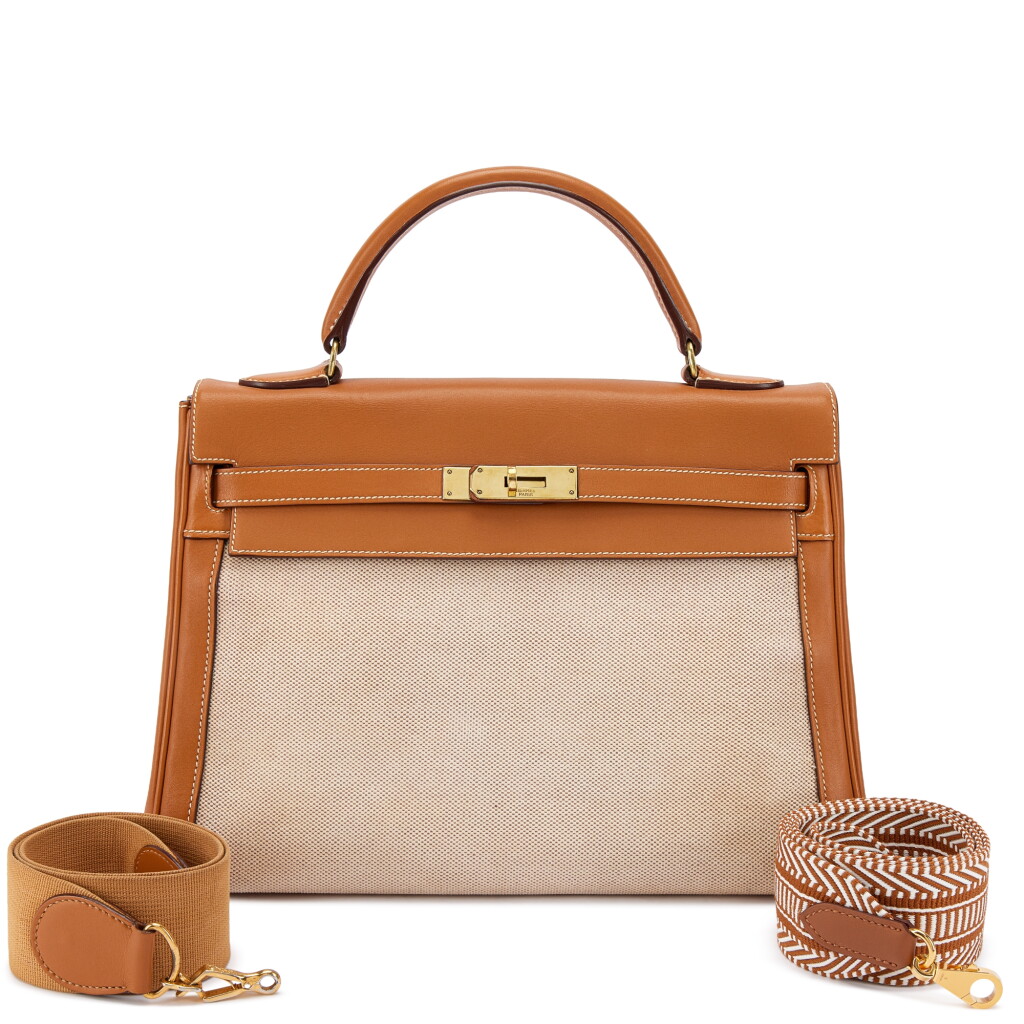 View full screen - View 1 of Lot 670. Vintage Gold Swift and Ecru Toile Kelly 32 Retourné Gold Hardware, 1989 and Twilly.