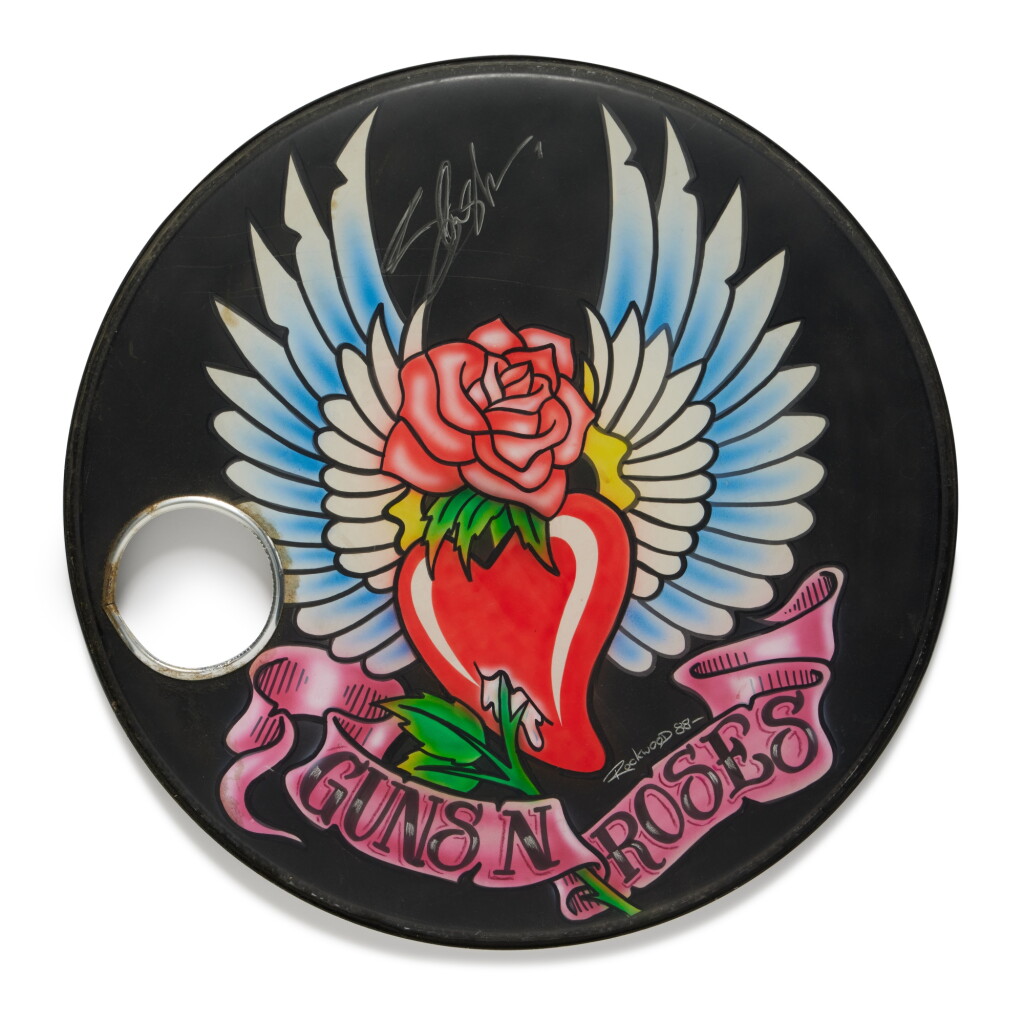 View full screen - View 1 of Lot 109. Guns N' Roses | Signed and inscribed bass drumhead.
