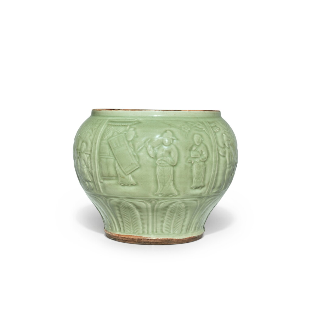 View full screen - View 1 of Lot 2. A rare carved 'Longquan' celadon-glazed 'scholars gathering' jar (Guan), Yuan / early Ming dynasty, 14th century.