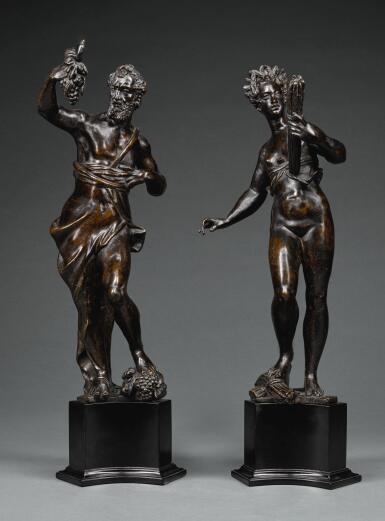 View full screen - View 1 of Lot 47. ATTRIBUTED TO VIRGILIO RUBINI (CIRCA 1559/60 - BEFORE 1621), ITALIAN, VENICE, LATE 16TH/ EARLY 17TH CENTURY | ANDIRON FINIAL FIGURES OF BACCHUS AND CERES .