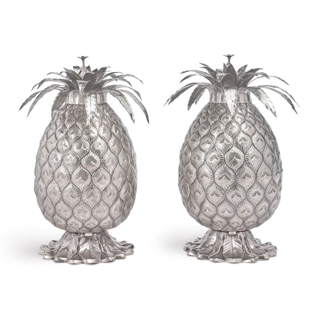 View full screen - View 1 of Lot 931. A PAIR OF PORTUGUESE SILVER PINEAPPLE BOXES, DAVID FERREIRA, PORTO, 20TH CENTURY.