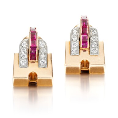 View full screen - View 1 of Lot 42. Pair of ruby and diamond ear clips, 1940s.