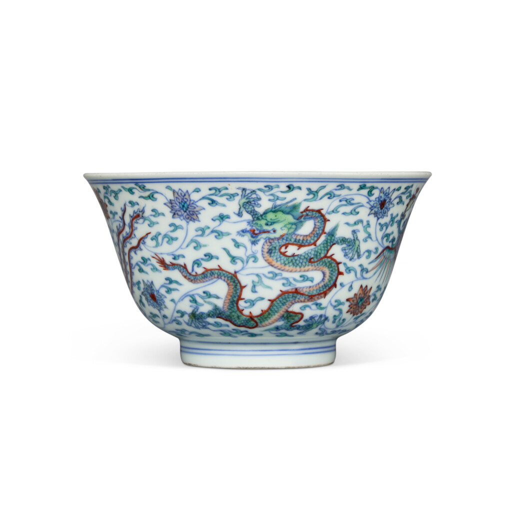 View full screen - View 1 of Lot 12. An extremely rare doucai 'dragon and phoenix' bowl, Mark and period of Kangxi.