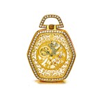AUDEMARS PIGUET | A YELLOW GOLD AND DIAMOND SET SKELETONIZED HEXAGONAL OPEN FACED WATCH, CIRCA 1985 | 愛彼 | 黃金鑲鑽石鏤空懷錶,年份約1985