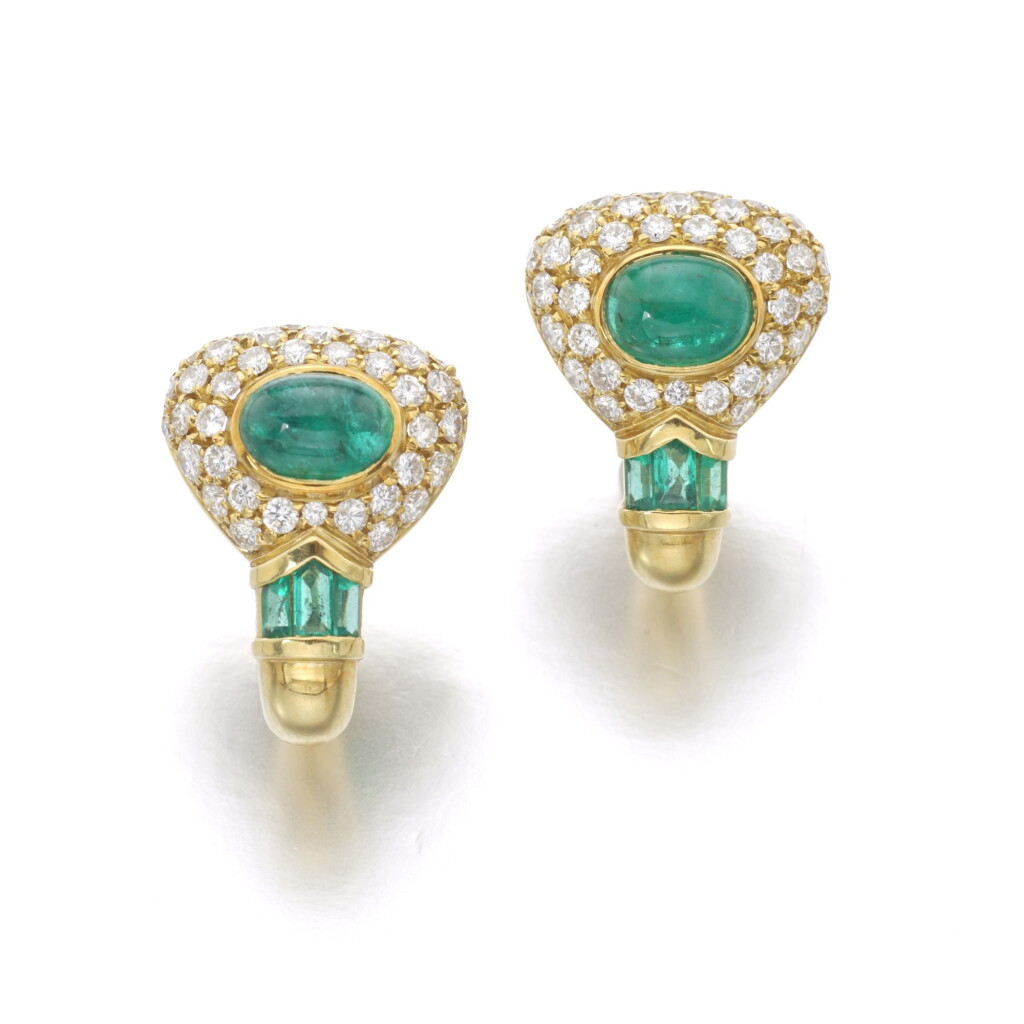 View full screen - View 1 of Lot 69. PAIR OF EMERALD AND DIAMOND EAR CLIPS.