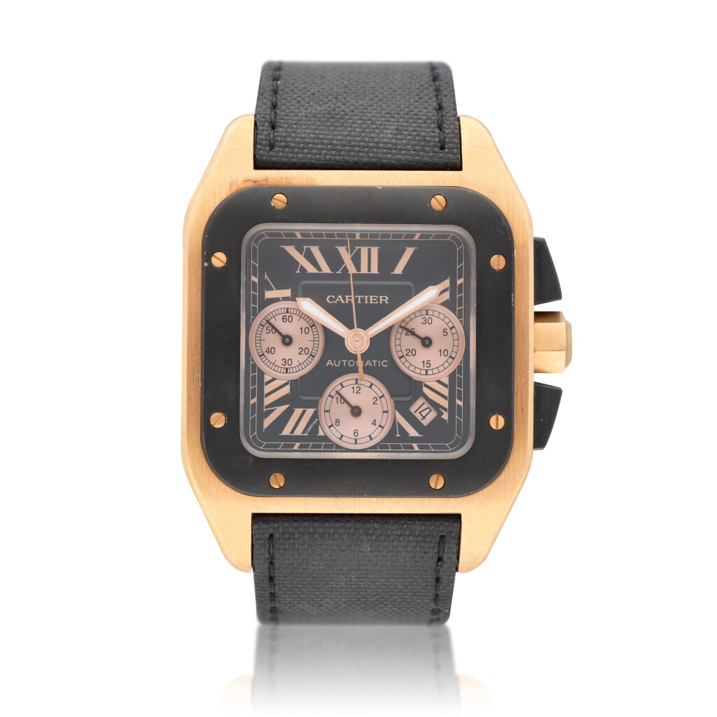 View full screen - View 1 of Lot 15. Santos 100, reference 2935 Pink gold automatic chronograph wristwatch with date circa 2009.