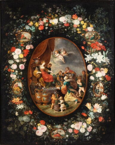 View full screen - View 1 of Lot 45. The Triumph of Flora with a garland of flowers and allegories of the Five Senses | Triomphe de Flore entouré d'une guirlande de fleurs et de médaillons aux allégories des cinq sens.