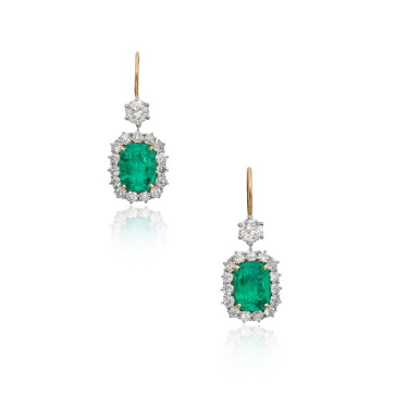 View full screen - View 1 of Lot 271. Pair of Emerald and Diamond Pendant-Earrings.