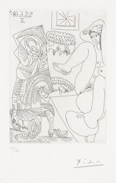 View full screen - View 1 of Lot 46. Jeune femme montrant son sexe à deux courtisans grotesques prosternés, from the 347 series (Bloch 1664; Baer 1680).