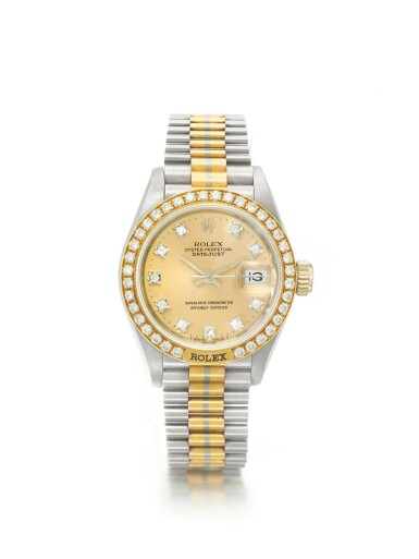View full screen - View 1 of Lot 94. ROLEX | REF 69149 DATEJUST TRIDOR, A TRI-COLORED GOLD AND DIAMOND SET AUTOMATIC CENTER SECONDS WRISTWATCH WITH DATE AND BRACELET CIRCA 1987.
