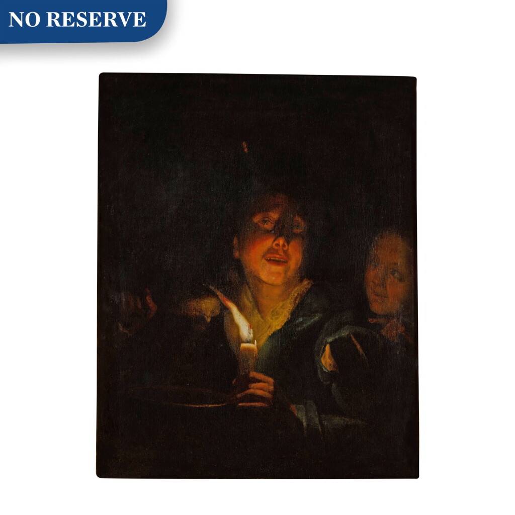View full screen - View 1 of Lot 70. A young man eating porridge before a candle, with a girl in the background.