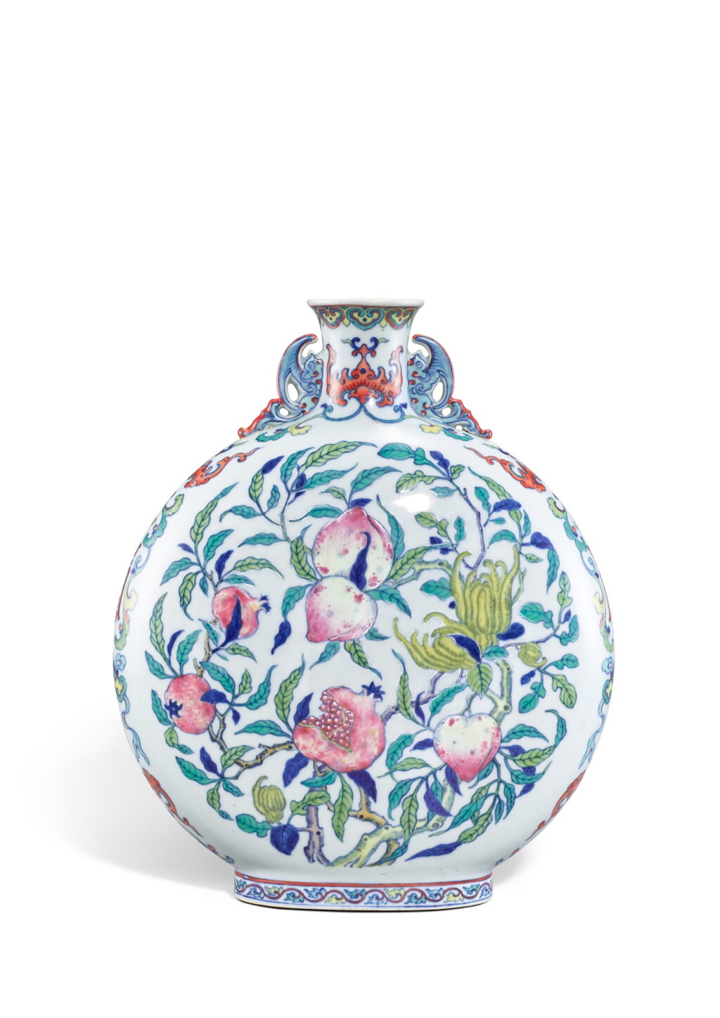 View full screen - View 1 of Lot 3703. A doucai and famille-rose 'sanduo' moon flask, Seal mark and period of Qianlong | 清乾隆 鬪彩加粉彩福壽三多雙蝠耳扁壺 《大清乾隆年製》款.