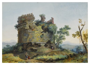 View full screen - View 1 of Lot 254. Recto: Landscape with figures at the Tomb of Cecilia Metella Verso: Study of Corinthian Columns.
