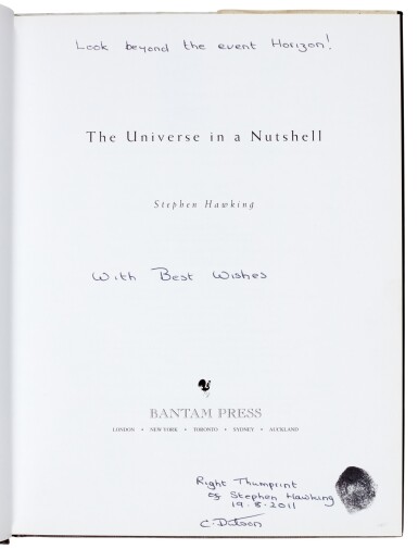 View full screen - View 1 of Lot 49. HAWKING | The Universe in a Nutshell, with Hawking's thumbprint.