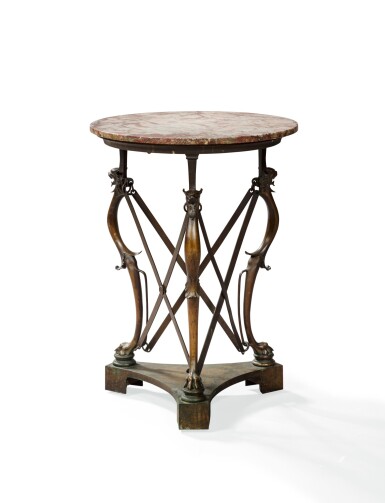 View full screen - View 1 of Lot 40. A patinated bronze neo Pompeian guéridon, first half 19th century | Guéridon en bronze patiné, néo pompéien, première moitié du XIXe siècle.