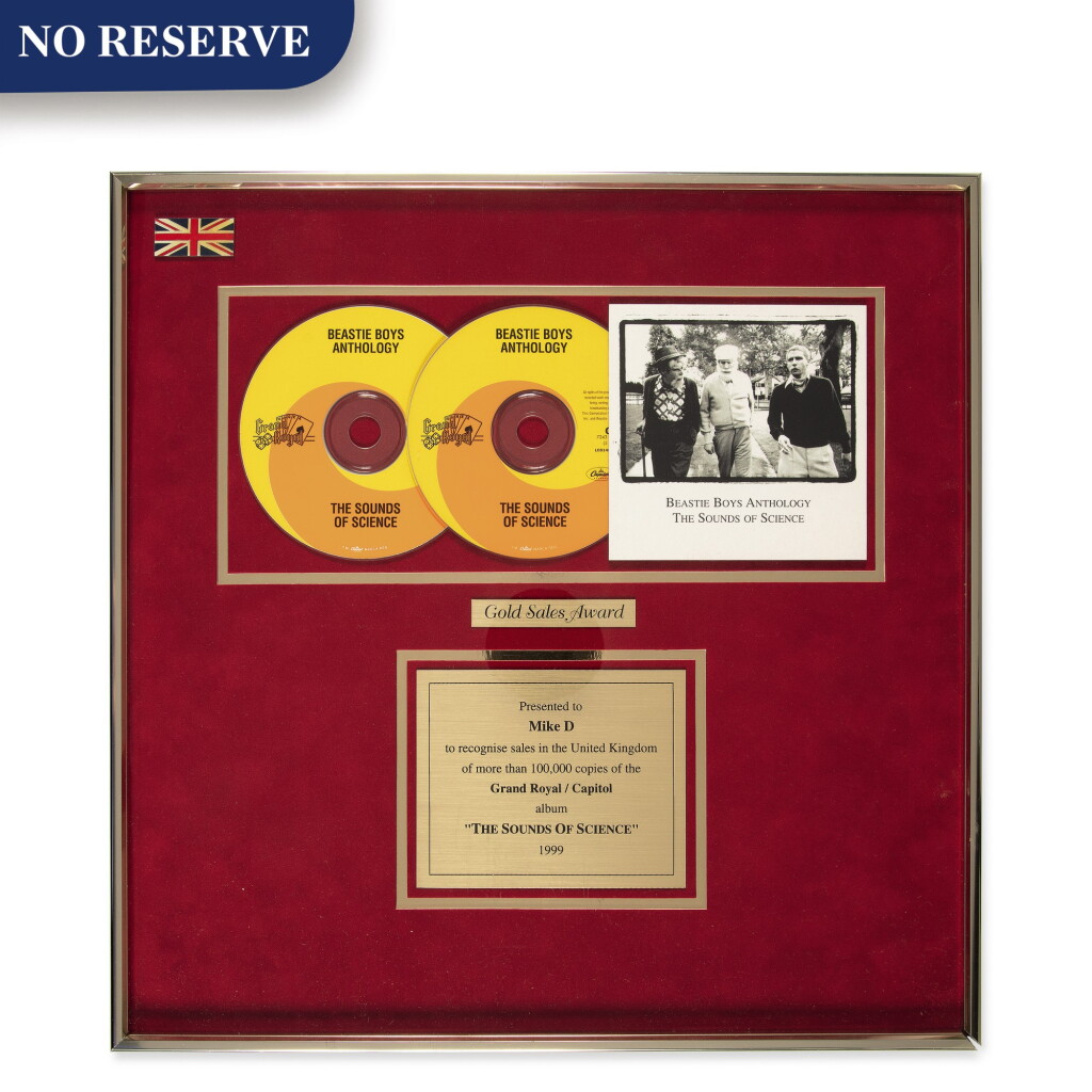 View full screen - View 1 of Lot 311. Gold Sales award presented to Mike D for the Beastie Boys 1999 anthology album “The Sounds of Science" for more 100,000 copies sold in the United Kingdom..