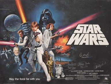 View full screen - View 1 of Lot 43. Star Wars (1977), British poster, signed by Carrie Fisher, Dave Prowse, Kenny Baker and Peter Mayhew.