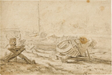 View full screen - View 1 of Lot 210. A Boatyard with small vessels hauled ashore.
