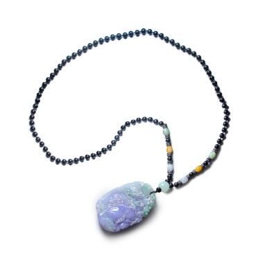 View full screen - View 1 of Lot 1930. Carved Lavender Jadeite and Coloured Stone Pendent Necklace | 天然紫色翡翠雕「鸚鵡」 配 彩色寶石 吊墜項鍊.